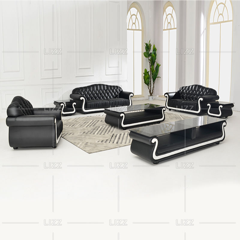 Ensemble de meubles canapé en cuir véritable noir et blanc